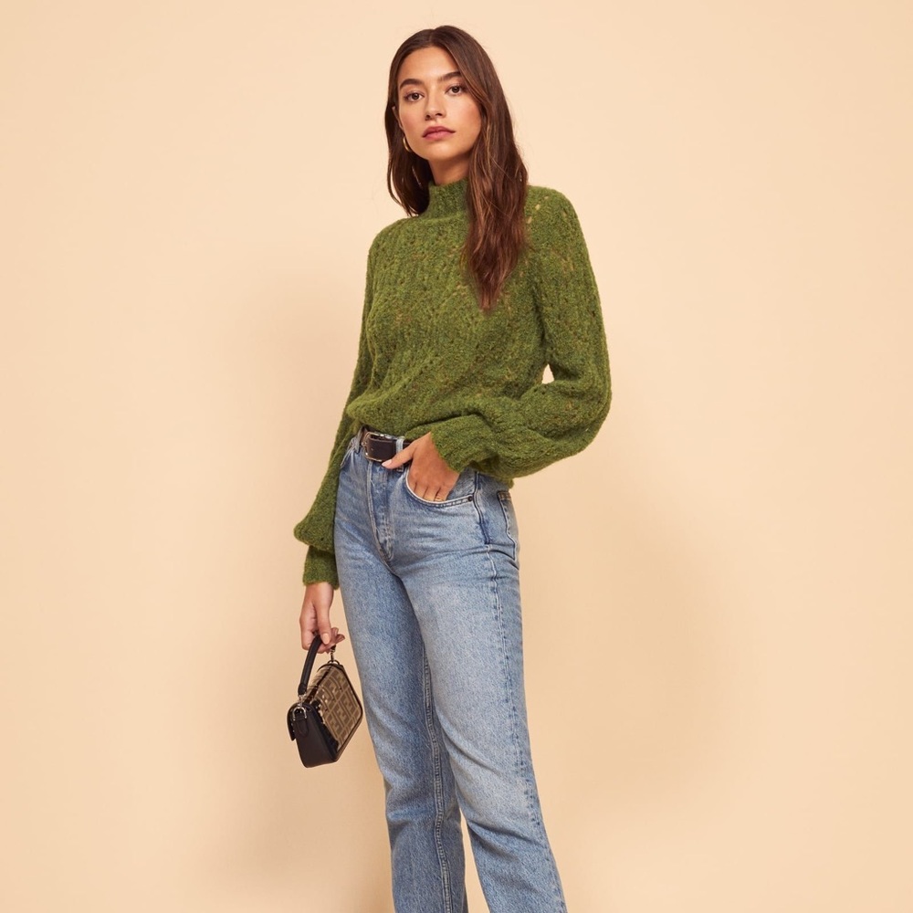 Reformation Lexi Sweater in Green Pointelle Balloon Sleeve